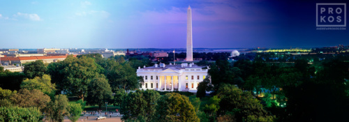 An ultra-high-definition panoramic photo of the White House and National Mall transitioning from day to night, from Andrew's 'Night & Day' series.