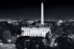 An ultra high-definition black and white panorama of the White House, Washington Monument, Jefferson Memorial, and the Mall at night, Washington DC. Large-format fine art prints of this photo are available up to 120 inches wide.