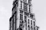 A black and white architectural photo of the Woolworth Building in black and white, New York City