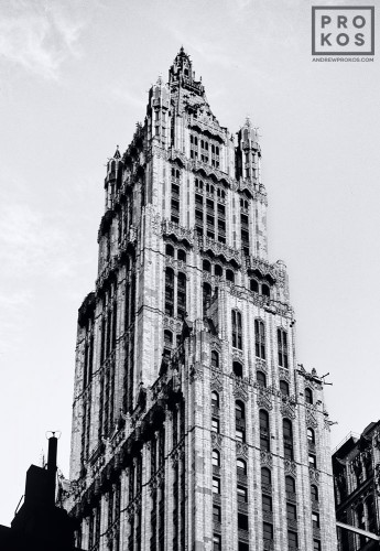 A black and white architectural photo of the Woolworth Building in black and white, New York City