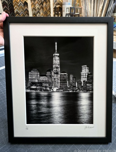 View of the World Trade Center and Lower Manhattan at Night - Black & White Matted and Framed Photo by Andrew Prokos