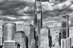 A black and white view of the World Trade Center and Hudson River during the day, New York City