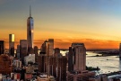 An ultra high-definition panoramic photo of the World Trade Center, Lower Manhattan, Tribeca, and the Hudson River at sunset. Large-scale fine art prints of this photo are available up to 9o inches wide.