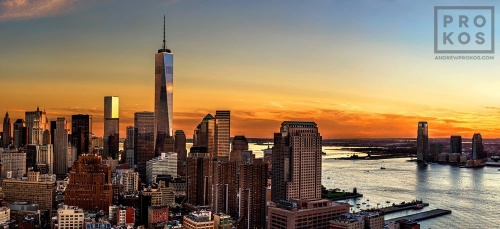 An ultra high-definition panoramic photo of the World Trade Center, Lower Manhattan, Tribeca, and the Hudson River at sunset. Large-scale fine art prints of this photo are available up to 9o inches wide.