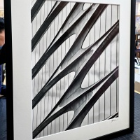 A 36 inch black and white architectural print of the Zaha Hadid building in New York's Highline district by photographer Andrew Prokos.